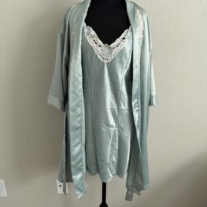 Vintage Small Inner Most Night Gown & Belted Robe Set Satin Sage Green Made USA